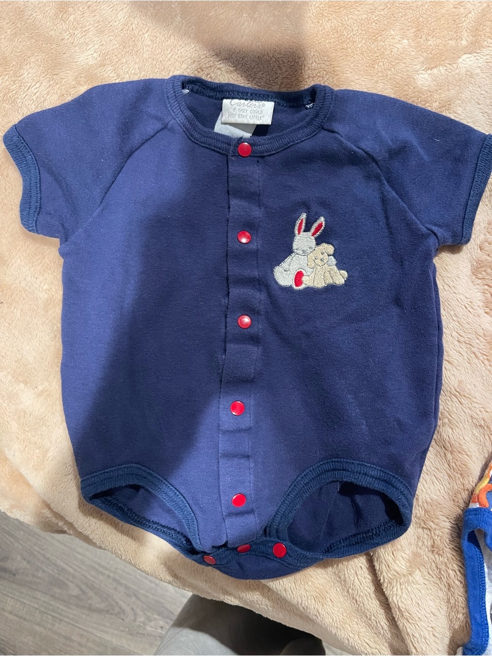 Vintage Carter's Navy Short-Sleeve Snap Romper with Bunny Appliqué